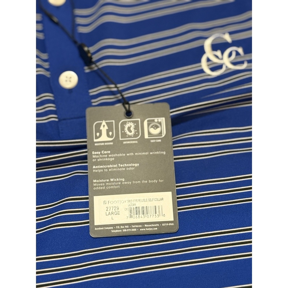 NEW Footjoy Mens L Blue Striped Polo Shirt Stretch Performance Golf Embroidered - Picture 8 of 10